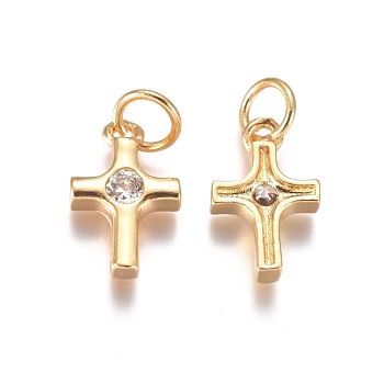 Brass Tiny Cross Charms, with Cubic Zirconia and Jump Rings, Clear, Golden, 12x8x2mm, Hole: 3mm