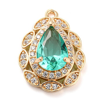 Golden Brass Micro Pave Cubic Zirconia Pendants, with Glass, Teardrop Charms, Green, 23x17x7mm, Hole: 1.5mm