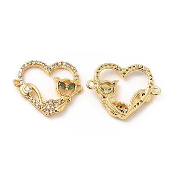 Brass Micro Pave Cubic Zirconia Connector Charms, Heart Links with Cat, Golden, Green, 18x23x3mm, Hole: 1.4mm