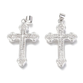 Brass Micro Pave Clear Cubic Zirconia Pendants, Cross, Real Platinum Plated, 32x20x3mm, Hole: 3mm
