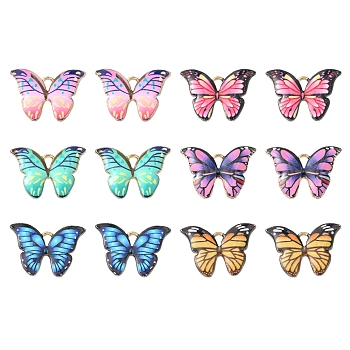12Pcs 6 Colors Printed Alloy Pendants, Enamel Butterfly Charms, Light Gold, Mixed Color, 15.5x22x2mm, Hole: 1.8mm, 2pcs/color