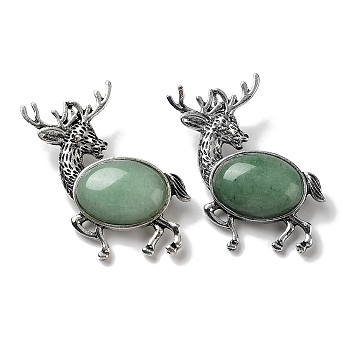 Alloy Elk Brooches, with Natural Green Aventurine, Antique Silver, 49.5x49x14mm