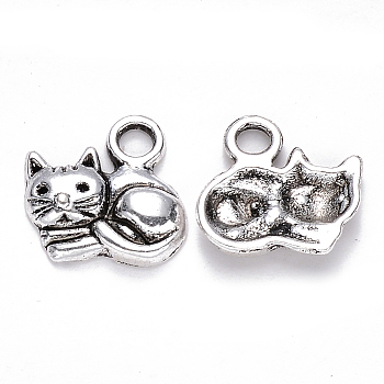 Tibetan Style Alloy Charms, Cat Shape, Cadmium Free & Lead Free, Antique Silver, 14x14x3mm, Hole: 2.5mm