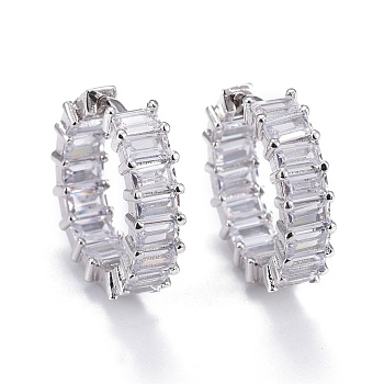 Brass Micro Pave Cubic Zirconia Huggie Hoop Earrings, Long-Lasting Plated, Ring, Clear, Real Platinum Plated, 22x6mm, Pin: 0.9mm