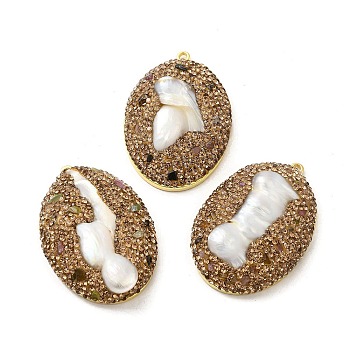 Brass Pave Rhinestone Pendants, Oval Charms with Natural Freshwater Pearl, Long-Lasting Plated, Golden, 41~41.5x29~29.5x9.5~10.5mm, Hole: 1.6mm