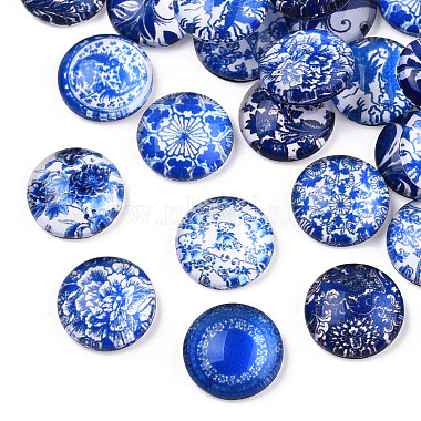 Blue and White Floral Printed Glass Flatback Cabochons(X-GGLA-A002-12mm-XX)-3