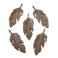 Tibetan Style Alloy Leaf Big Pendants, Lead Free and Cadmium Free, Leaf, Antique Bronze, 62x23x2mm, hole: 2mm(PALLOY-A15448-AB)