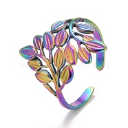 Rainbow Color Ion Plating(IP) 304 Stainless Steel Leaf Wrap Open Cuff Ring for Women, US Size 7(17.3mm)(RJEW-A005-12)