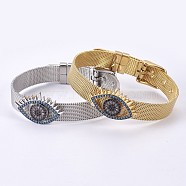 Unisex 304 Stainless Steel Watch Band Wristband Bracelets, with Brass Micro Pave Cubic Zirconia Slider Charms, Evil Eye, Mixed Color, 8-5/8 inch(21.8cm), 10mm(BJEW-L655-022)