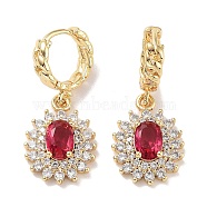 Real 18K Gold Plated Brass Dangle Hoop Earrings, with Cubic Zirconia and Glass, Oval, Deep Pink, 29.5x12.5mm(EJEW-L269-043G-02)