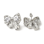 Brass Stud Earrings, with Clear Cubic Zirconia for Women, Heart with Bowknot, Platinum, 23x25.5mm(EJEW-D109-05P)