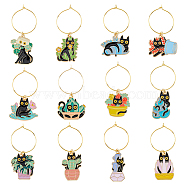 Plant Cat Alloy Enamel Wine Glass Charms, with Brass Hoop Earring Findings, Mixed Color, 53.5~57.5mm, Inner Diameter: 23.5mm, 12pcs/set, 1 set/box(AJEW-DC0001-37)