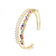 Cubic Zirconia Double Line Open Cuff Bangle, Golden Brass Jewelry for Women, Nickel Free, Colorful, Inner Diameter: 2-1/8 inch(5.4cm)(BJEW-N014-017)