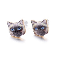 Real 14K Gold Plated Alloy Kitten Stud Earrings, with Enamel and Environment Stainless Steel Pin, Printed, Cat Pattern, Coffee, 10~10.5x10.5~11mm, pin: 0.7mm(EJEW-G148-01G-05)