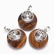 Natural Tiger Eye Pendants, with Platinum Tone Brass Findings, Flat Round with Tree of Life, 32.5~33x27.5~28x5~6mm, Hole: 5x7mm(G-F573-C15)