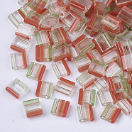 2-Hole Glass Seed Beads, Striped Seed Beads, Transparent Colours, Two Tone, Rectangle, Light Green, 5x4.5~5.5x2~2.5mm, Hole: 0.5~0.8mm(SEED-S023-38C-02)