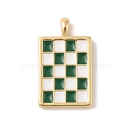 Rack Plating Brass Enamel Pendants, Cadmium Free & Lead Free, Long-Lasting Plated, Real 18K Gold Plated, Rectangle with Tartan Charm, Dark Green, 28x16.5x3mm, Hole: 4x3mm(KK-Z047-03G-02-RS)