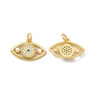 Rack Plating Brass Micro Pave Clear Cubic Zirconia Pendants, with Jump Rings & Acrylic Imitation Pearl, Long-Lasting Plated, Lead Free & Cadmium Free, Eye Charm, Real 18K Gold Plated, 13x19.5x3mm, Hole: 3.5mm(KK-A177-28G)