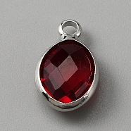 Faceted Glass Pendants, January Birthstone Charms, with Brass Cabochon Settings, Oval, Platinum, Dark Red, 13x8x4mm, Hole: 1.6mm(KK-WH0046-59P-01)