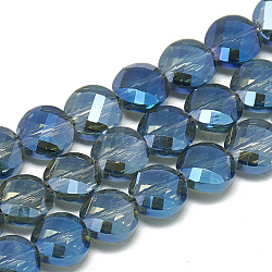 Electroplate Glass Beads Strands, Rainbow Plated, Faceted, Flat Round, Dodger Blue, 8x5mm, Hole: 1.2mm, about 69~72pcs/strand, 21.26 inch(EGLA-Q098-A08)