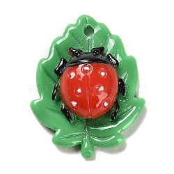 Opaque Resin Decoden Pendants, Insect Ladybird/Ladybug with Leaf Charms, Red, 28x22x10mm, Hole: 2mm(RESI-M037-01B)