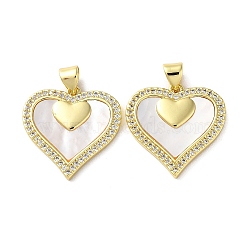 Valentine"s Day Brass Micro Pave Clear Cubic Zirconia Pendants, with Shell, Heart, Real 18K Gold Plated, 20.5x20.5x2.5mm, Hole: 4x5.5mm(KK-B083-41H-G)