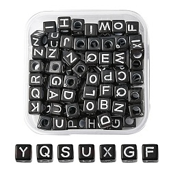 100Pcs Opaque Acrylic Beads, Horizontal Hole, Cube with Random Initial Letter, Black, 6x6x6mm, Hole: 3.5mm(SACR-YW0001-55)