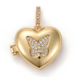 Brass Micro Pave Clear Cubic Zirconia Diffuser Locket Pendants, Long-Lasting Plated, Lead Free & Cadmium Free, Heart with Butterfly, Real 18K Gold Plated, Hole: 5.5x3mm, Inner Diameter: 17x14mm, Heart: 19x23x8mm(ZIRC-E165-16G)