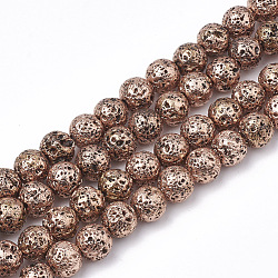 Electroplated Natural Lava Rock Beads Strands, Round, Bumpy, Sienna, 8~8.5mm, Hole: 1mm, about 46pcs/strand, 14.5 inch(G-T098-01C-06)