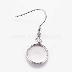 Stainless Steel Dangle Earrings, Cabochon Settings, Flat Round, Stainless Steel Color, Tray: 12mm, Pendant: 16.5x13.5x2mm, 36.5mm, 21 Gauge, Pin: 0.7mm(EJEW-WH0001-A03)