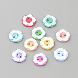 2-Hole Acrylic Buttons, Flat Round/Flower, Mixed Color, 12x2mm, Hole: 1.5mm(BUTT-S020-34)