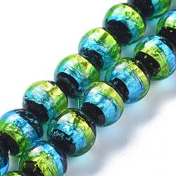 Handmade Silver Foil Lampwork Beads, Luminous, Glow in the Dark, Round, Green, 8~8.5mm, Hole: 1.2mm(FOIL-K001-02B-8mm)