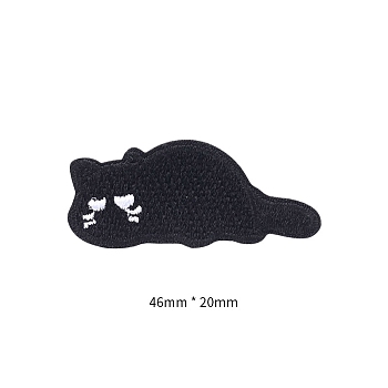 Computerized Embroidery Cloth Self Adhesive Patches, Stick On Patch, Costume Accessories, Appliques, Cat Shape, Black, 46x20mm