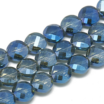 Electroplate Glass Beads Strands, Rainbow Plated, Faceted, Flat Round, Dodger Blue, 8x5mm, Hole: 1.2mm, about 69~72pcs/strand, 21.26 inch