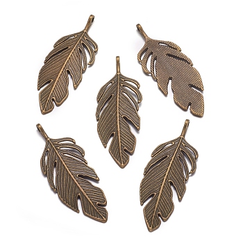 Tibetan Style Alloy Leaf Big Pendants, Lead Free and Cadmium Free, Leaf, Antique Bronze, 62x23x2mm, hole: 2mm