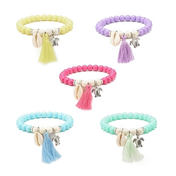 Acrylic Beaded Stretch Bracelets, with Cotton Thread Tassels, Shell Beads, Alloy Charms & Synthetic Magnesite Beads, Mixed Color, 1/4 inch(0.8cm), Inner Diameter: 2-1/8 inch(5.4cm)