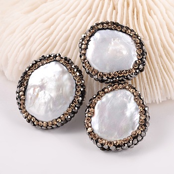 Flat Round Natural Cultured Freshwater Pearl Beads, with Polymer Clay Rhinestone, Seashell Color, 17~21x5~6mm, Hole: 0.5mm