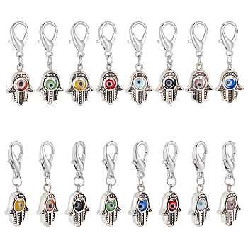 Hamsa Hand Stitch Markers, Evil Eye Lampwork Stitch Marker Charms, Removable Lobster Clasp Locking Stitch Marker for Knitting Weaving Sewing Accessories Handmade Jewelry, Mixed Color, 15x13x4mm, 16pcs/set