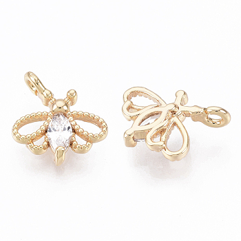 Brass Micro Cubic Zirconia Charms, Nickel Free, Real 18K Gold Plated, Butterfly, Clear, 10x10x3mm, Hole: 1.2mm