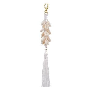 Natural Shell & Polyester Tassel Pendant Decorations, Swivel Lobster Claw Clasps Charms for Bag Ornaments, White, 196~204mm