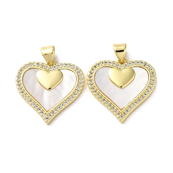 Valentine"s Day Brass Micro Pave Clear Cubic Zirconia Pendants, with Shell, Heart, Real 18K Gold Plated, 20.5x20.5x2.5mm, Hole: 4x5.5mm