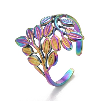 Rainbow Color Ion Plating(IP) 304 Stainless Steel Leaf Wrap Open Cuff Ring for Women, US Size 7(17.3mm)