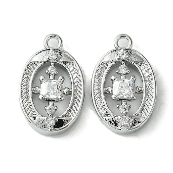 Brass Micro Pave Cubic Zirconia Charms, Oval, Real Platinum Plated, 13.5x8.5x3mm, Hole: 1.2mm