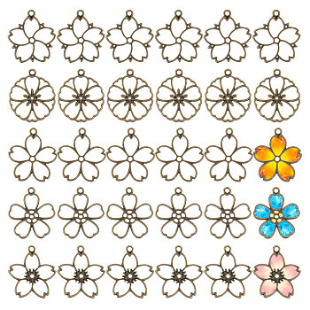 CHGCRAFT 30Pcs 5 Styles Alloy Open Back Bezel Pendants, for DIY UV Resin, Epoxy Resin, Flower, Antique Bronze, 34~35x30~32x2.2~2.3mm, Hole: 2.5~2.6mm, 6pcs/style