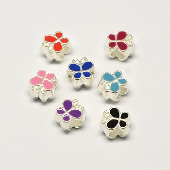 Alloy Enamel Butterfly Large Hole European Beads, Silver Color Plated, Mixed Color, 10x10x7mm, Hole: 4.5mm
