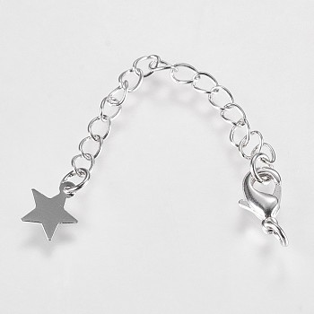 Long-Lasting Plated Brass Chain Extender, with Lobster Claw Clasps and Star Tips, Real Platinum Plated, 70x3mm, Hole: 2.5mm