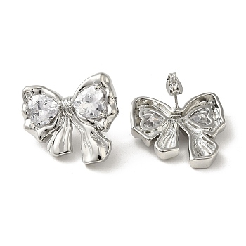 Brass Stud Earrings, with Clear Cubic Zirconia for Women, Heart with Bowknot, Platinum, 23x25.5mm