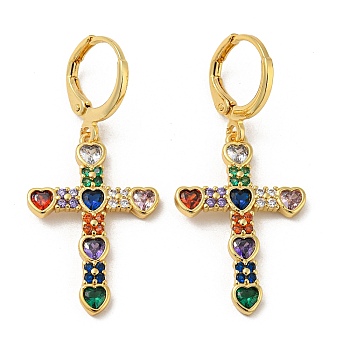 Cross Real 18K Gold Plated Brass Dangle Leverback Earrings, with Glass, Colorful, 39x17.5mm