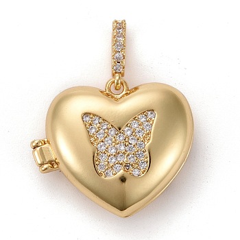 Brass Micro Pave Clear Cubic Zirconia Diffuser Locket Pendants, Long-Lasting Plated, Lead Free & Cadmium Free, Heart with Butterfly, Real 18K Gold Plated, Hole: 5.5x3mm, Inner Diameter: 17x14mm, Heart: 19x23x8mm
