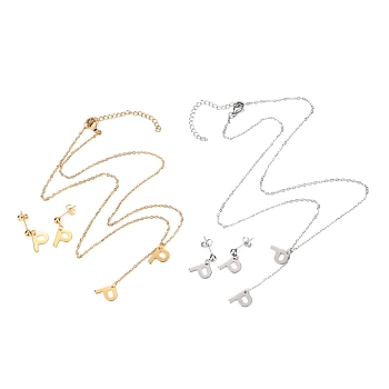 304 Stainless Steel Jewelry Sets, Cable Chains Pendant Necklaces and Stud Earrings, with Lobster Claw Clasps and Ear Nuts, Alphabet, Golden & Stainless Steel Color, Letter.P, 17.71 inch(45cm),  11x8.5x0.5mm, Pin: 0.8mm